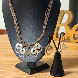 Silver Pendant on Brown Cord Necklace and Earring Set